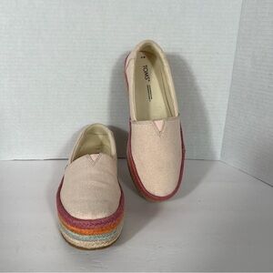 TOMS Women’s Size 6 Espadrille Slip On Shoes Canvas Pink Multi Color Wedge Flats
